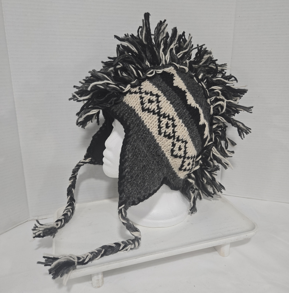 Nepal Wool Knit Mohawk Braided Tassel Ear Flap Hat Punk Cabincore Unisex Large